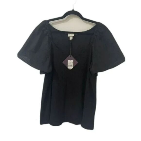 305 Ava & Viv Black Puff Sleeve Textured Top – Square Neck Stretchy Blouse - Picture 2 of 3